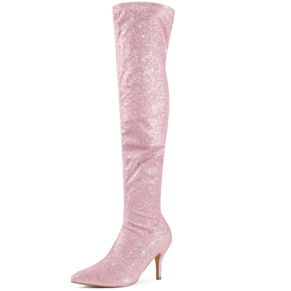 Unique Bargains Glitter Pointed Toe Stiletto Heels Over the Knee Boots for Women