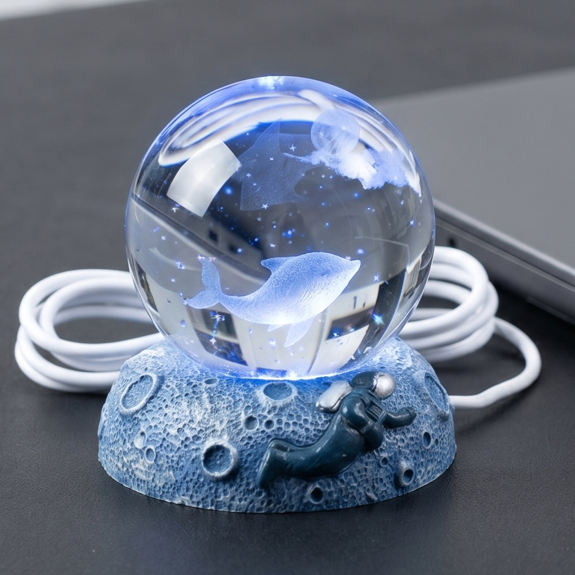 Unique Bargains Glowing Crystal Ball 3D Glass Ornament with LED Light Base Blue Style A