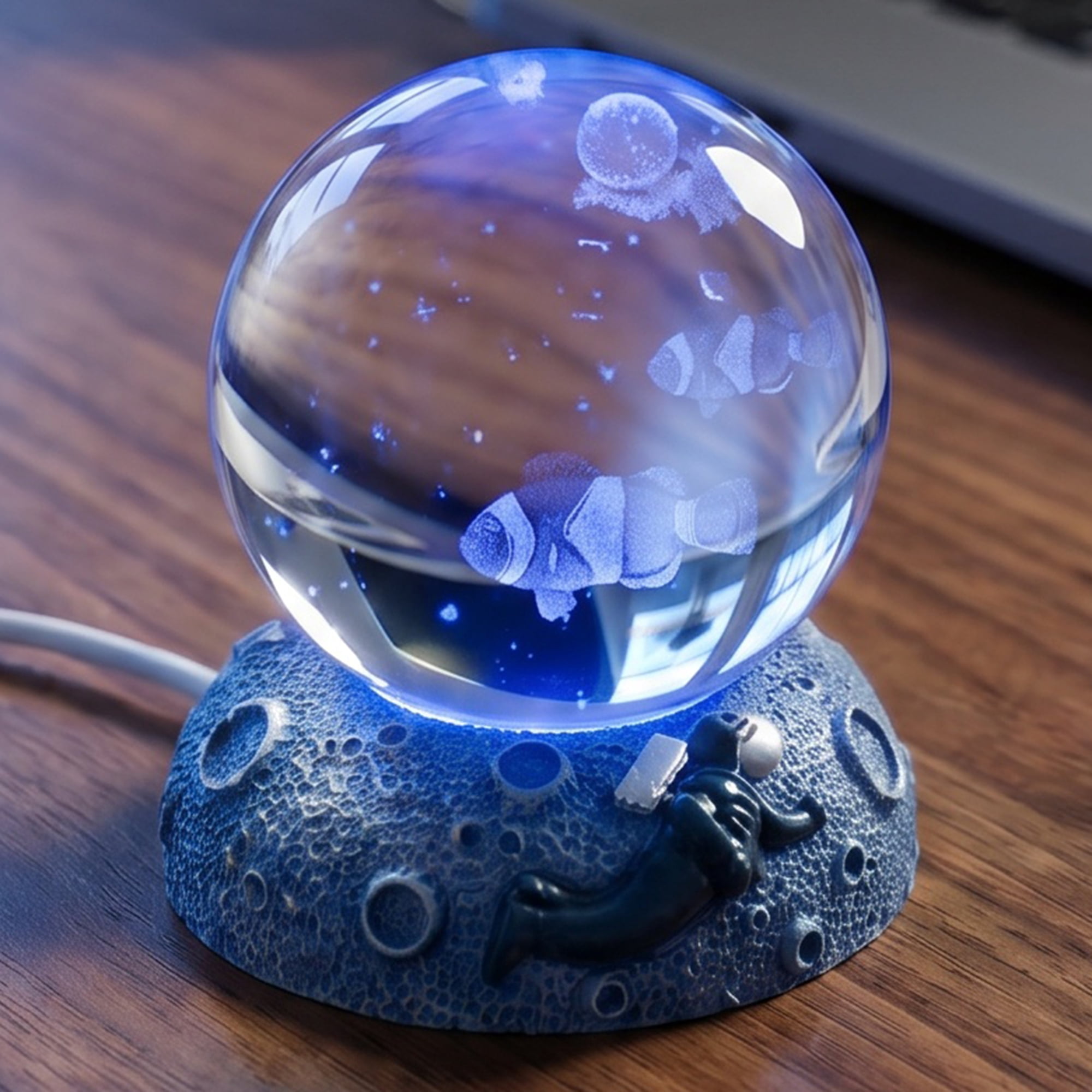 Unique Bargains Glowing Crystal Ball 3D Glass Ornament with LED Light Base Blue Style D
