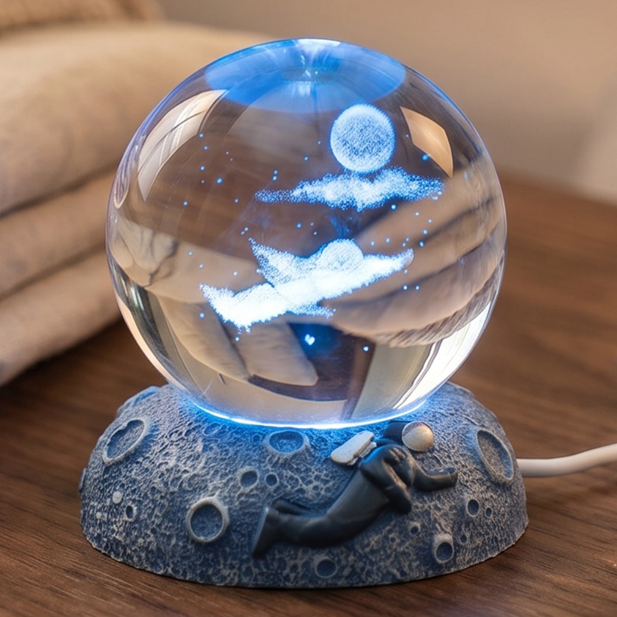 Unique Bargains Glowing Crystal Ball 3D Glass Ornament with LED Light Base Blue Style E
