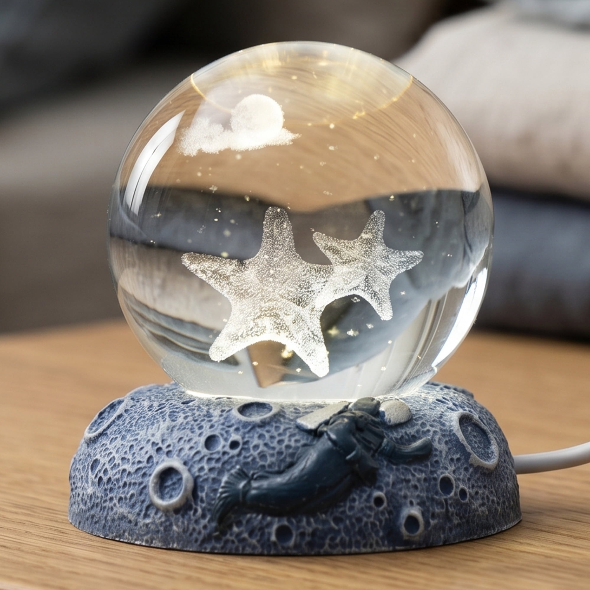 Unique Bargains Glowing Crystal Ball Figurine 3D Glass Ornament with LED Light Base Beige Style D 2.4"x2.4"x3.1"