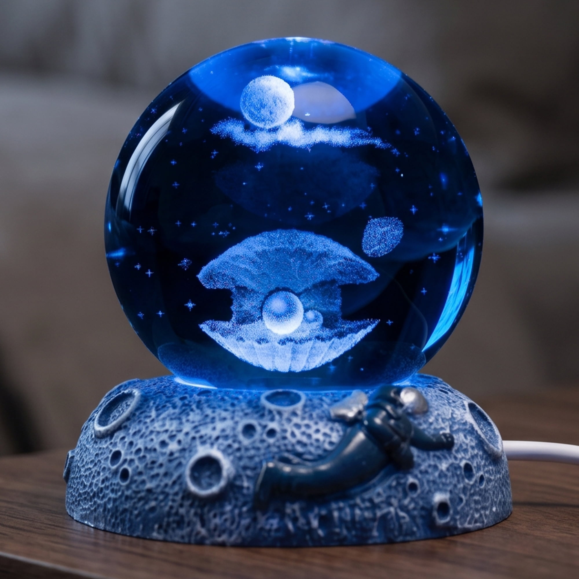 Unique Bargains Glowing Crystal Ball Figurine 3D Glass Ornament with LED Light Base Blue Style F 2.4"x2.4"x3.1"