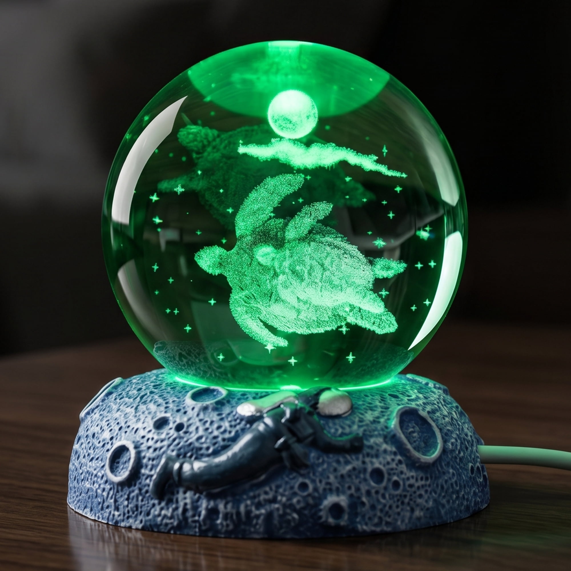 Unique Bargains Glowing Crystal Ball Figurine 3D Glass Ornament with LED Light Base Blue Style G 2.4"x2.4"x3.1"