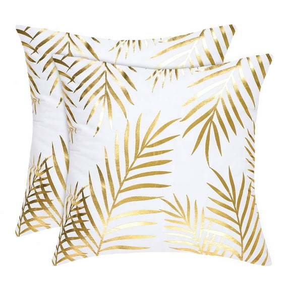 Unique Bargains Gold Stamping Soft Outdoor Square Throw Pillow Covers Pine Leaves 2pcs