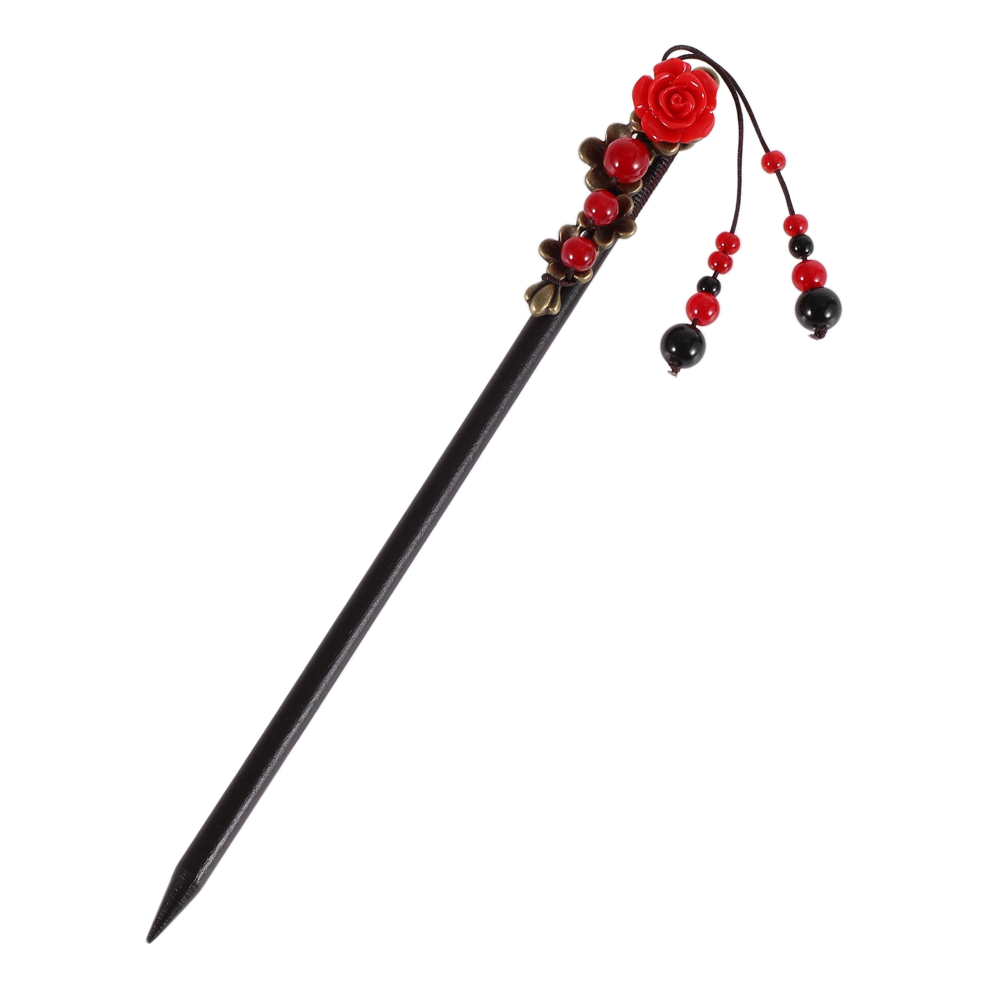 Unique Bargains Hair Chopstick for Women Black Red 1 Pc [Flower Beads Tassel]