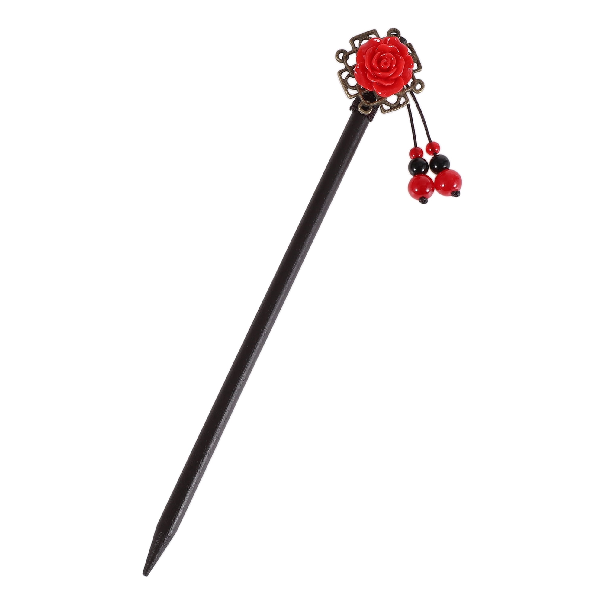 Unique Bargains Hair Chopstick for Women Black Red 1 Pc [Flower Tassel]