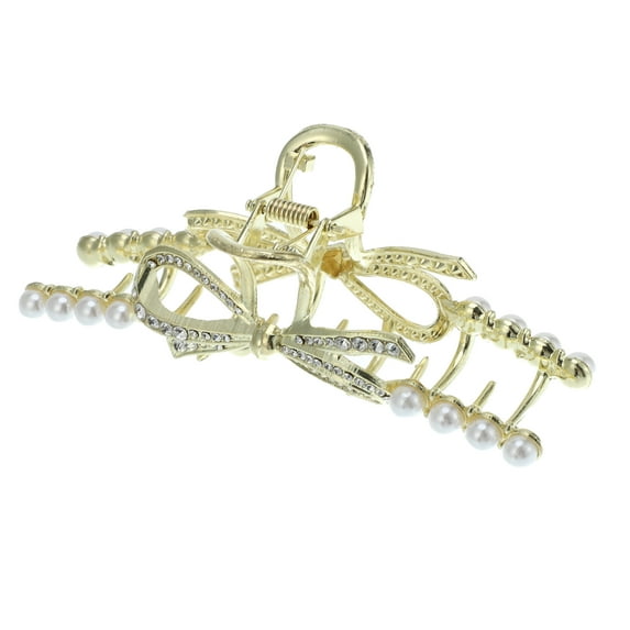 Unique Bargains Hair Clip Classic Faux Pearl Bow Hair Clip Elegant Luxurious Cute Hair Accessories for Women Gold Tone