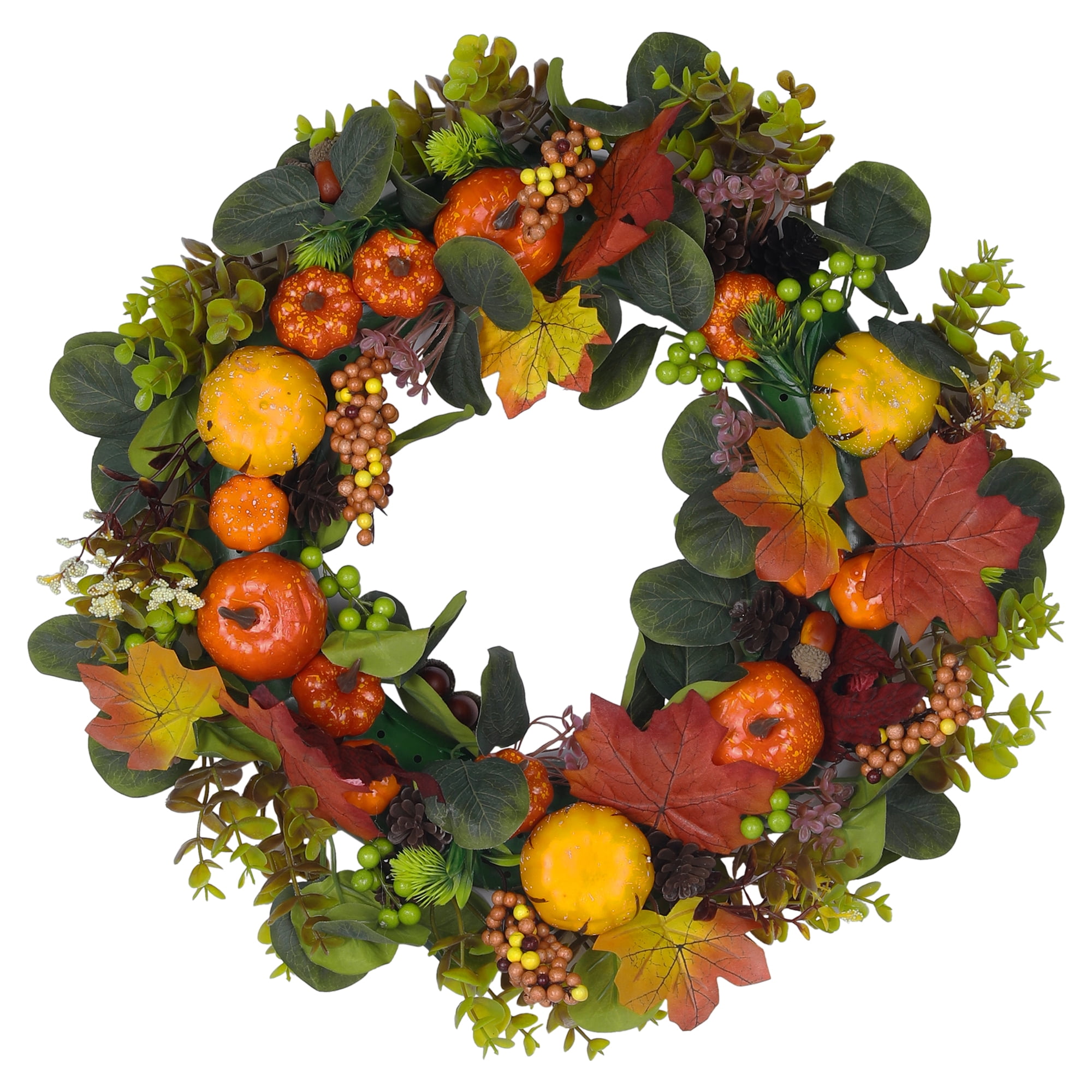 Unique Bargains Halloween Pumpkin Wreath Front Door Decor with Berries Maple Leaves Yellow
