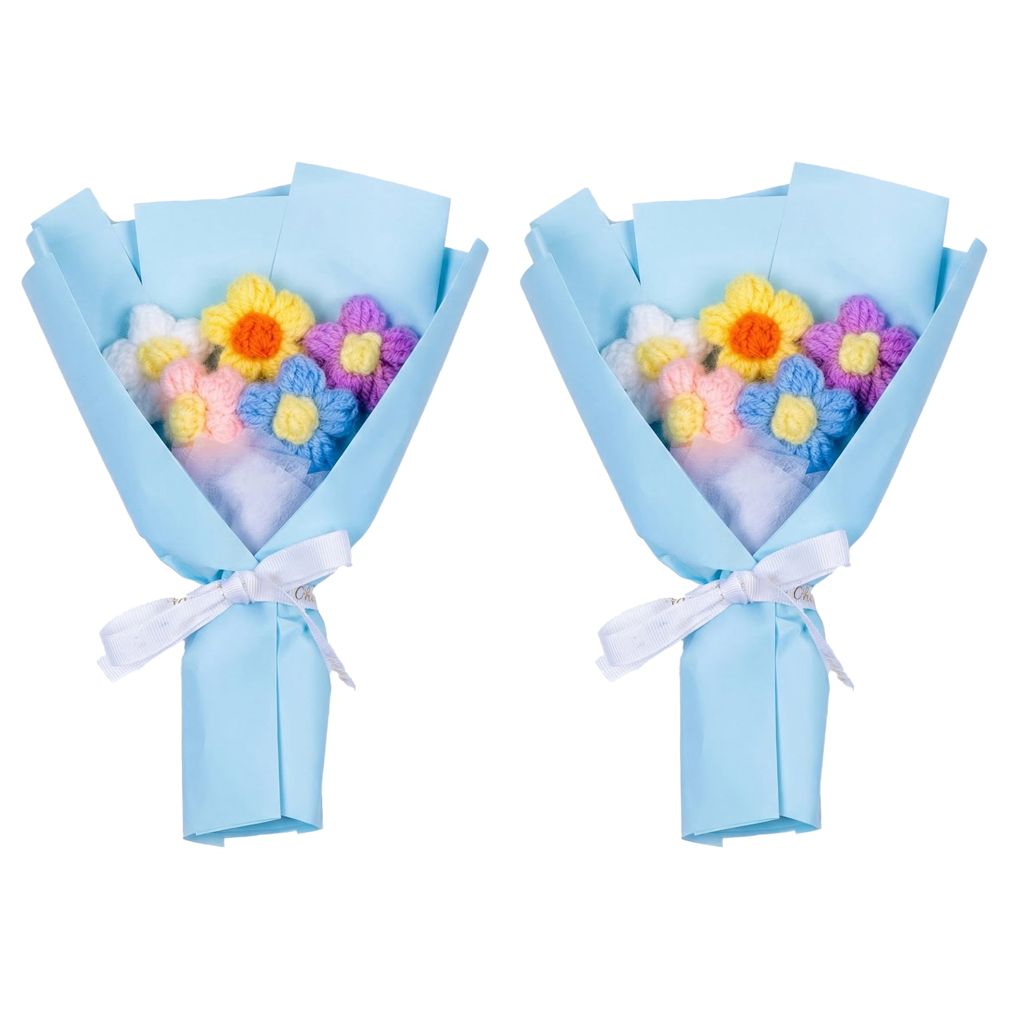 Unique Bargains Handmade Crochet Eternal Knitted Flowers Bouquet with Wrap Blue 7.1 in