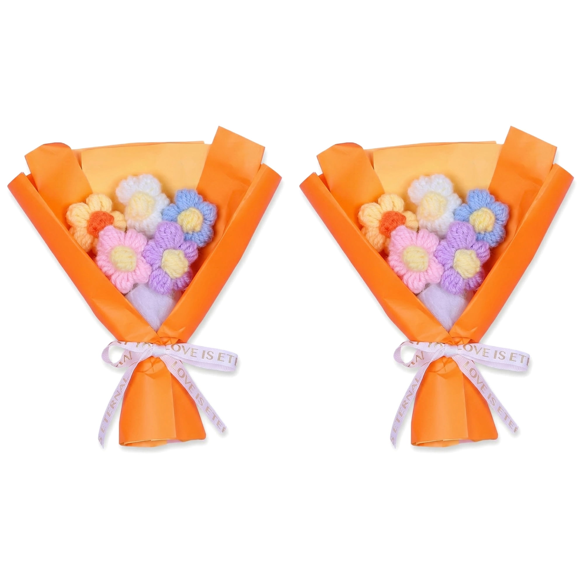 Unique Bargains Handmade Crochet Eternal Knitted Flowers Bouquet with Wrap Orange 7.1 in