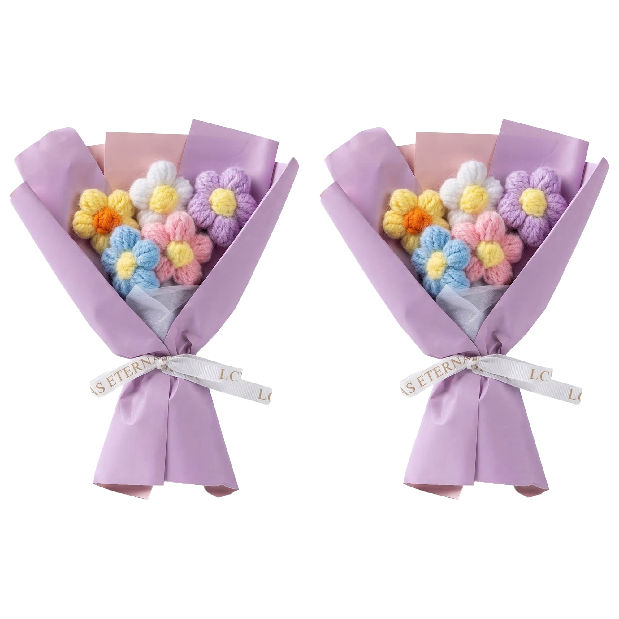 Unique Bargains Handmade Crochet Eternal Knitted Flowers Bouquet with Wrap Purple 7.1 in