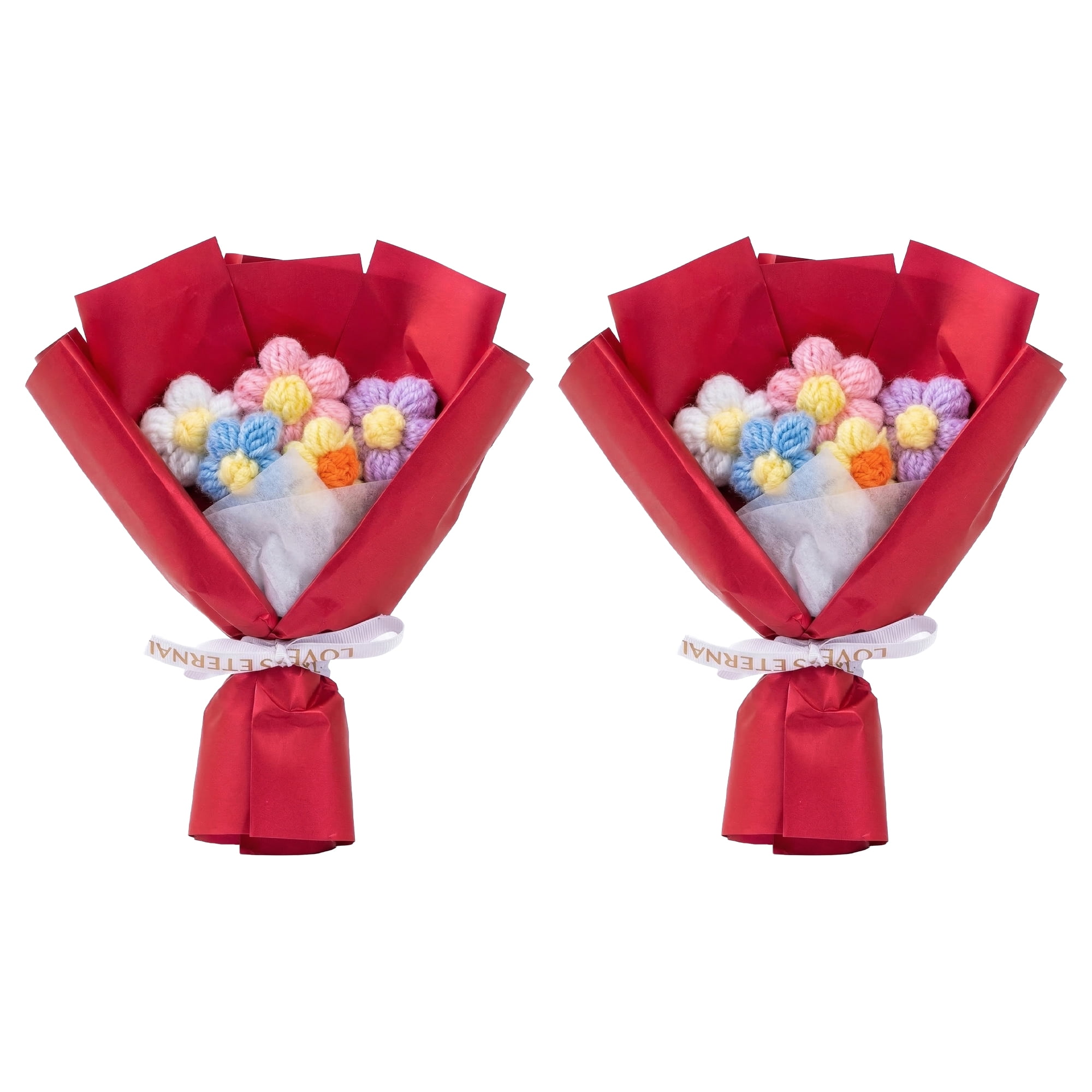 Unique Bargains Handmade Crochet Eternal Knitted Flowers Bouquet with Wrap Red 7.1 in