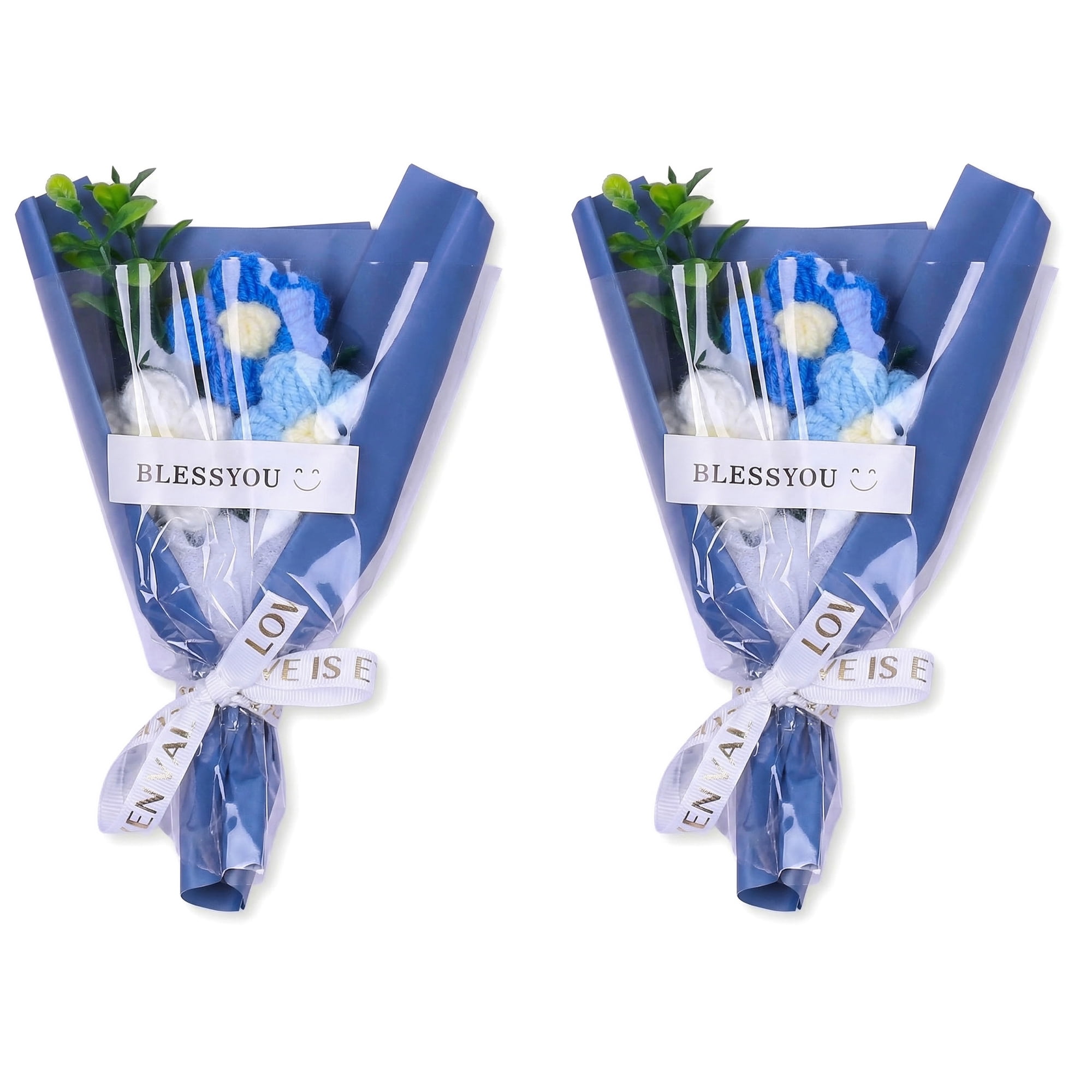 Unique Bargains Handmade Crochet Potted Flowers Knitted Bouquet for Decor Blue 5.9 in