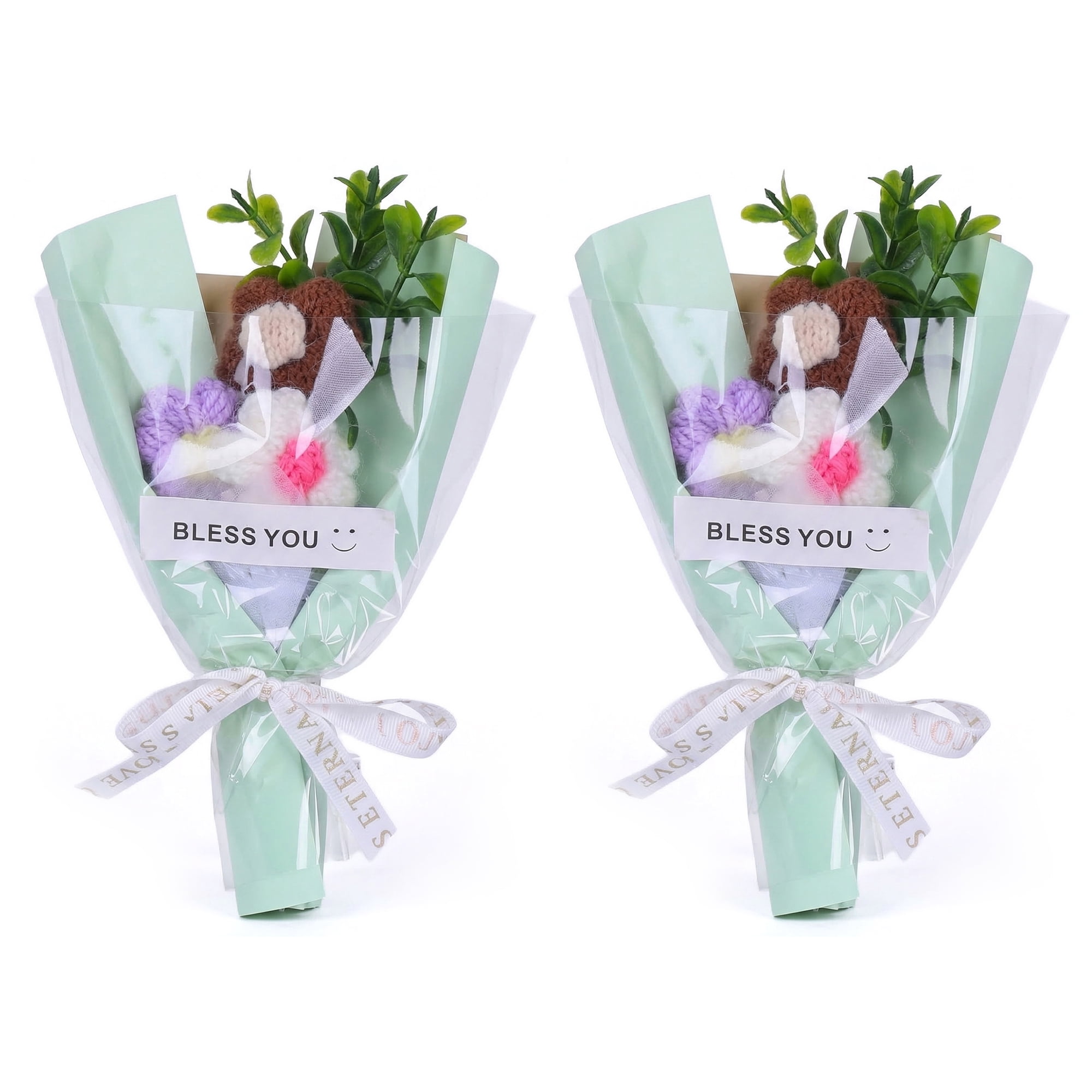 Unique Bargains Handmade Crochet Potted Flowers Knitted Bouquet for Decor Green 5.9 in