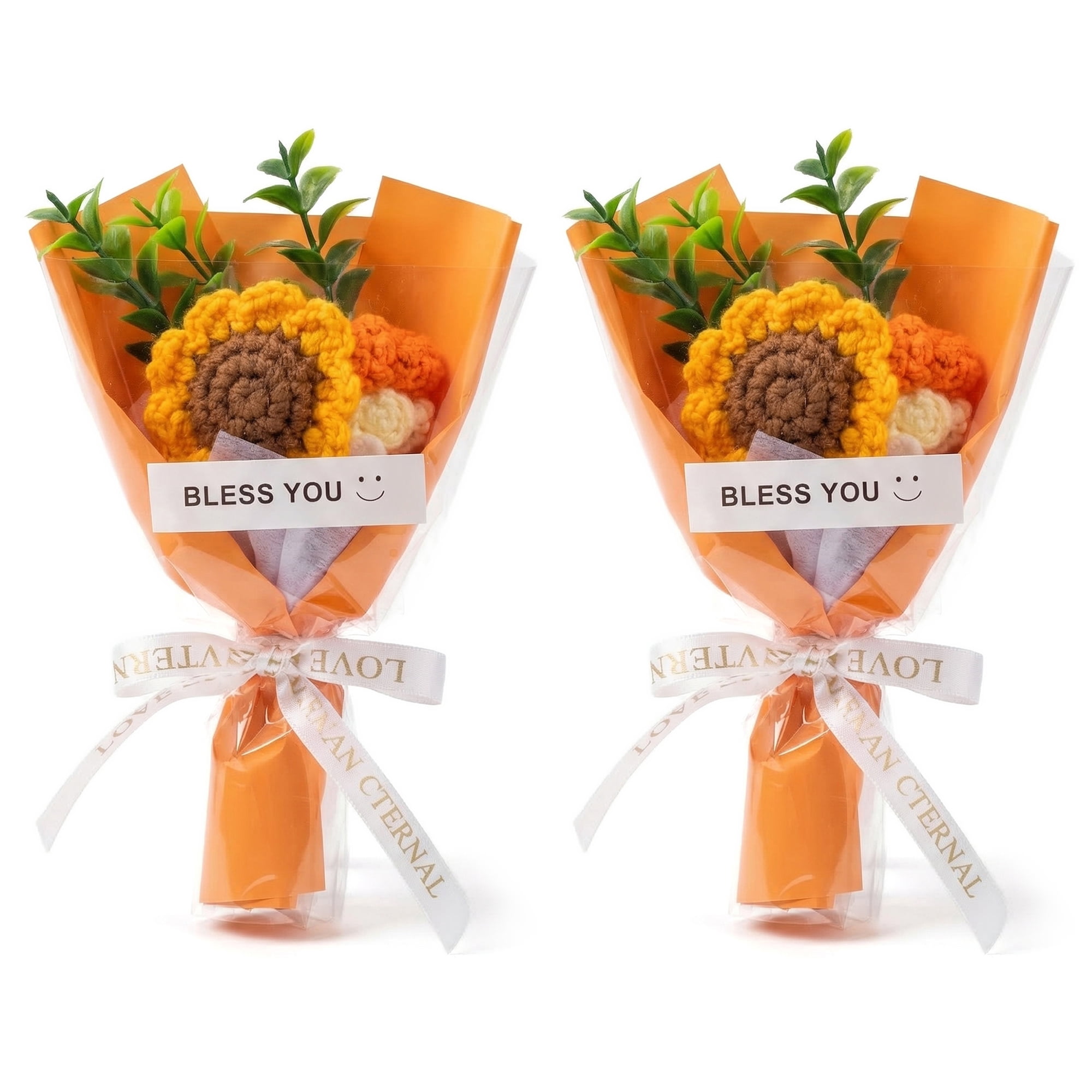 Unique Bargains Handmade Crochet Potted Flowers Knitted Bouquet for Decor Orange 5.9 in