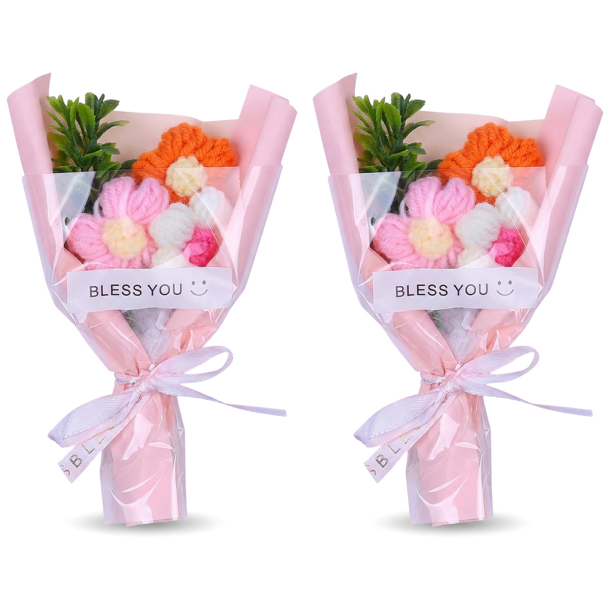 Unique Bargains Handmade Crochet Potted Flowers Knitted Bouquet for Decor Pink 5.9 in