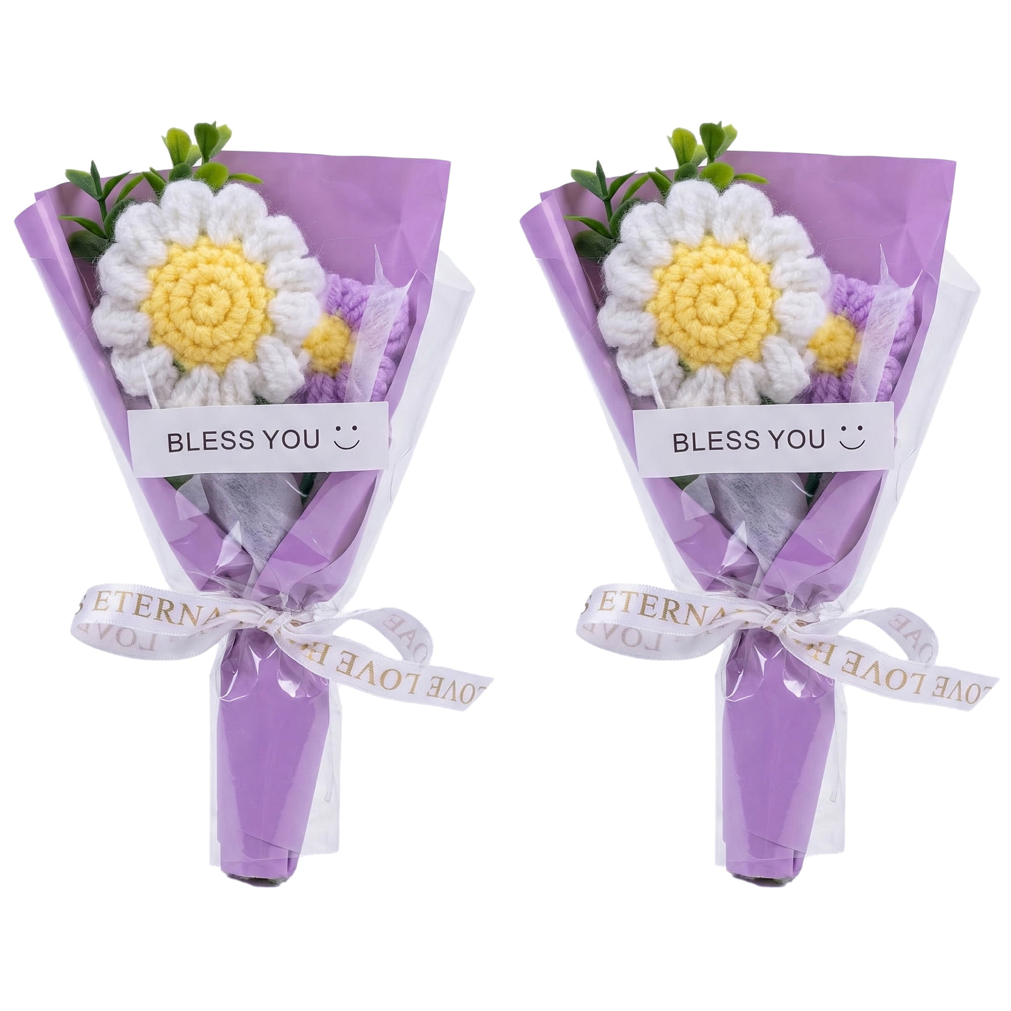 Unique Bargains Handmade Crochet Potted Flowers Knitted Bouquet for Decor Purple 5.9 in