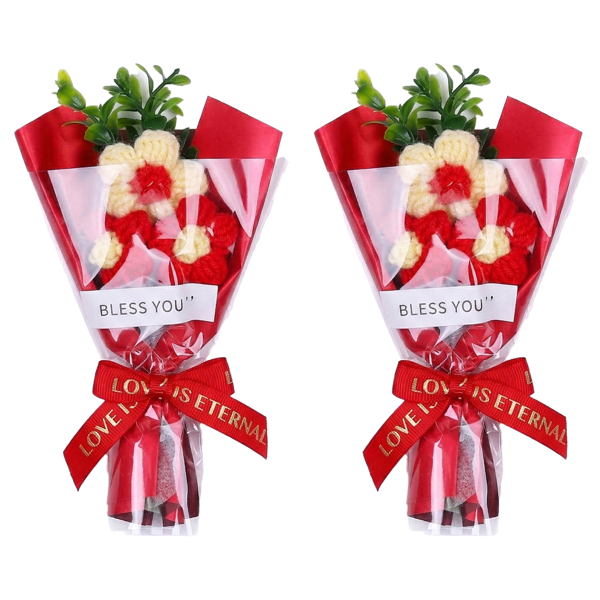 Unique Bargains Handmade Crochet Potted Flowers Knitted Bouquet for Decor Red 5.9 in
