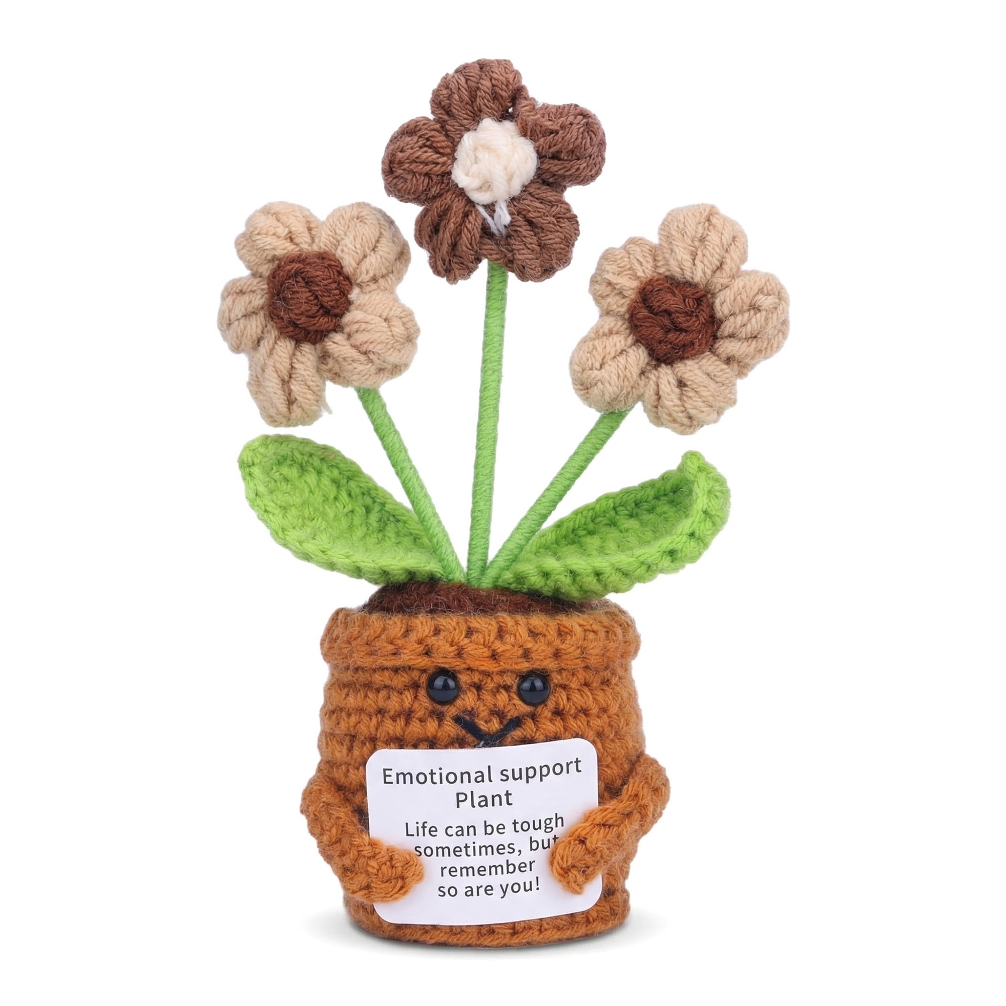 Unique Bargains Handmade Crochet Potted Knitted Plant Brown Flowers 4.3inch