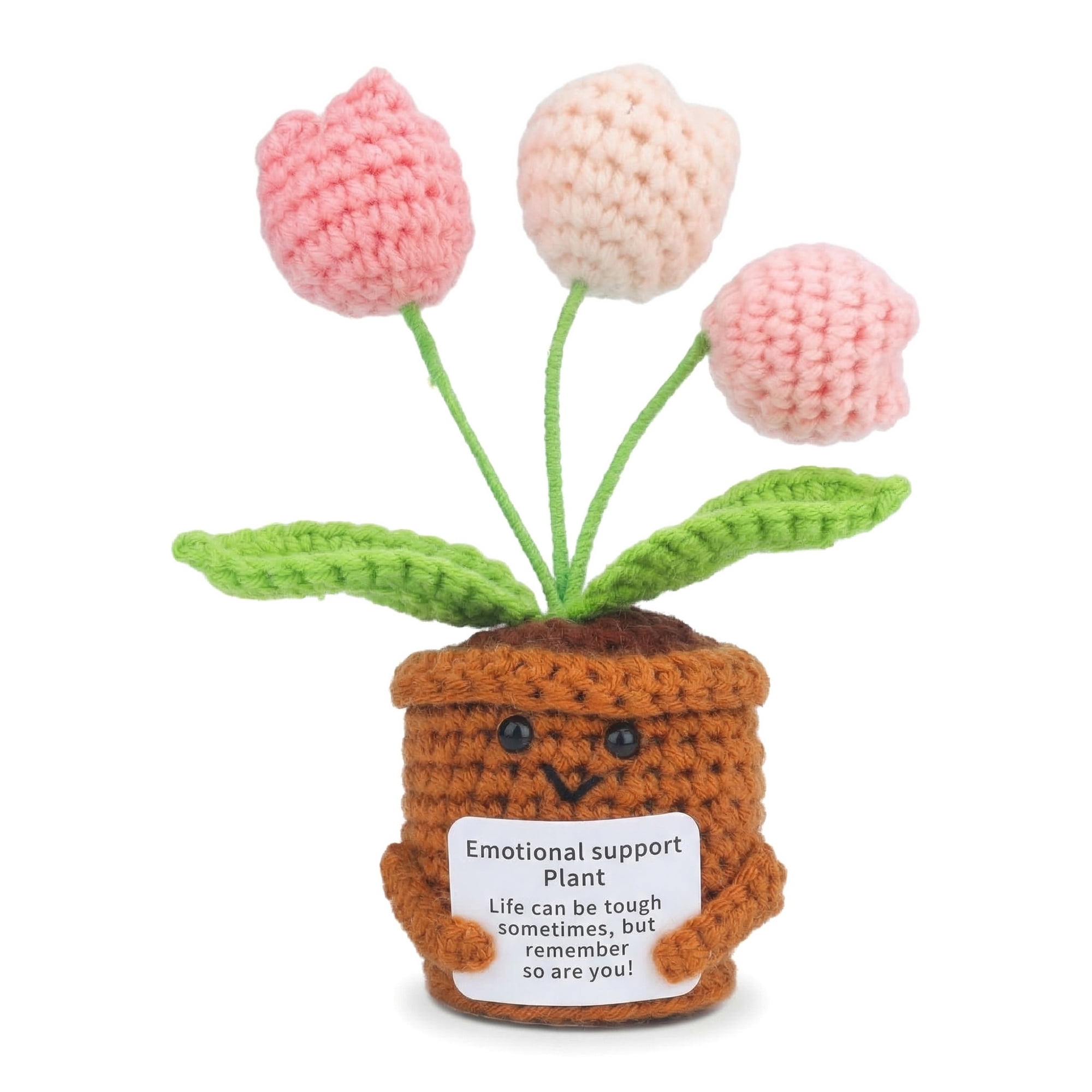 Unique Bargains Handmade Crochet Puffy Tulip Knitted Potted Plant Pink 4.3inch