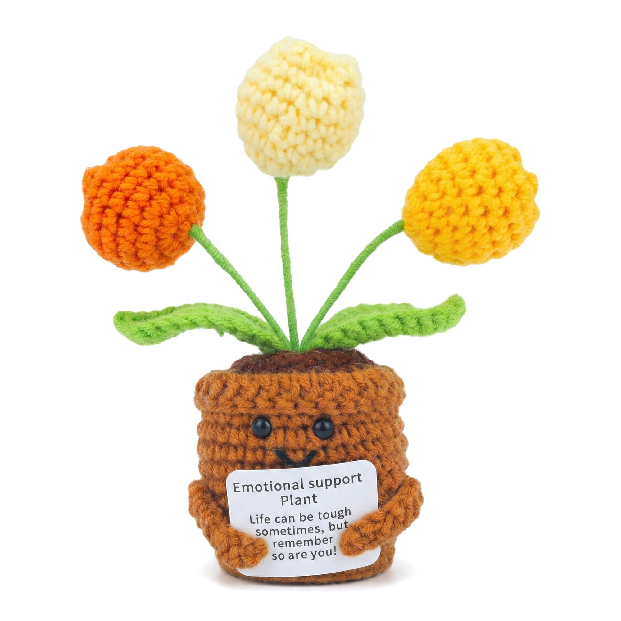 Unique Bargains Handmade Crochet Puffy Tulip Knitted Potted Plant Yellow 4.3inch