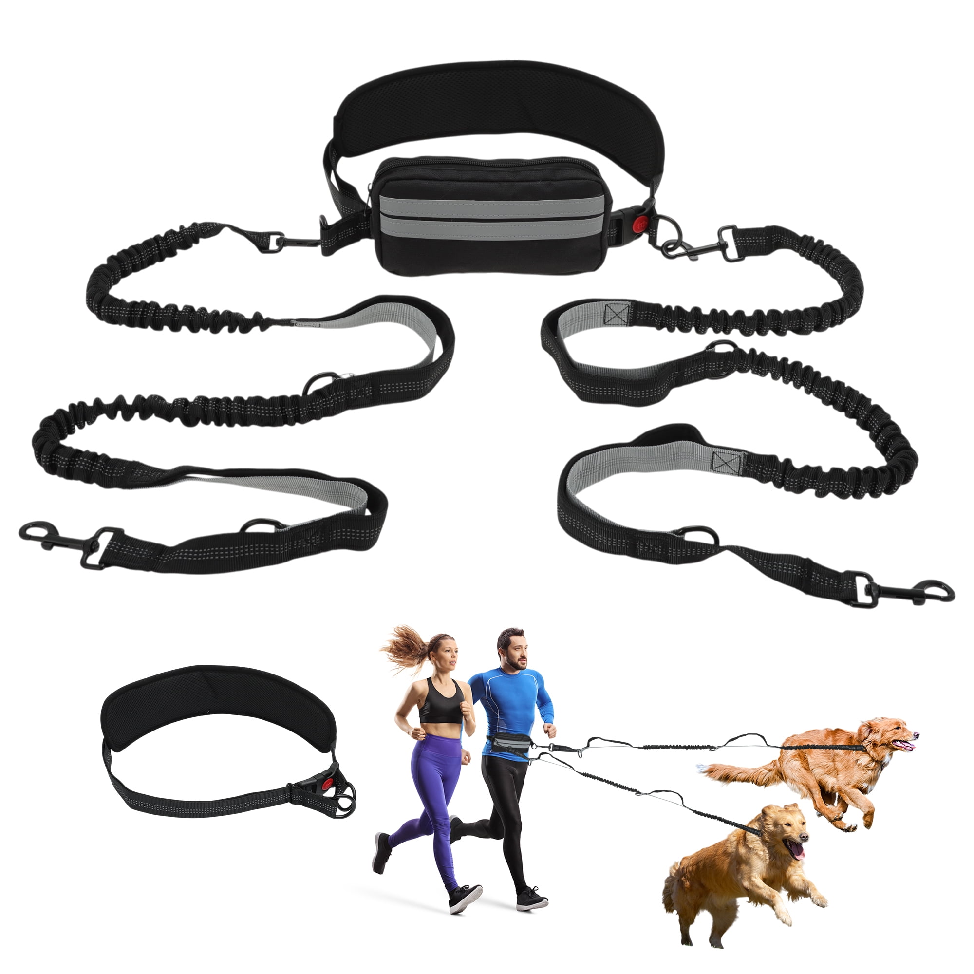 Unique Bargains Hands Free Dog Leash Retractable Bungee with Double Padded Handles Waist Leash for Dog Walkings Running Leash with Pouch for Dog Black Silver Gray