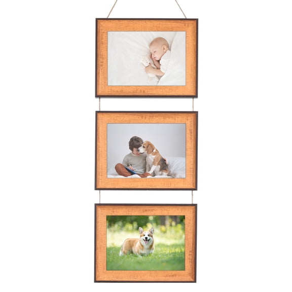 Unique Bargains Hanging Collage Photo Frames with Rope Brown Three Horizontal 5x7