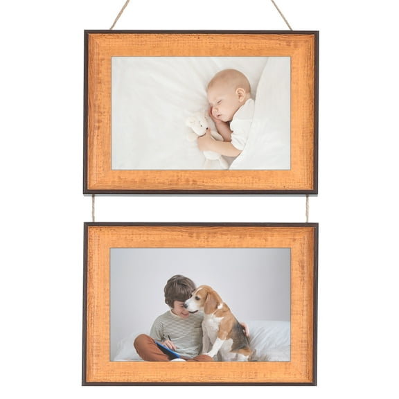 Unique Bargains Hanging Collage Photo Frames with Rope Brown Two Horizontal 4x6
