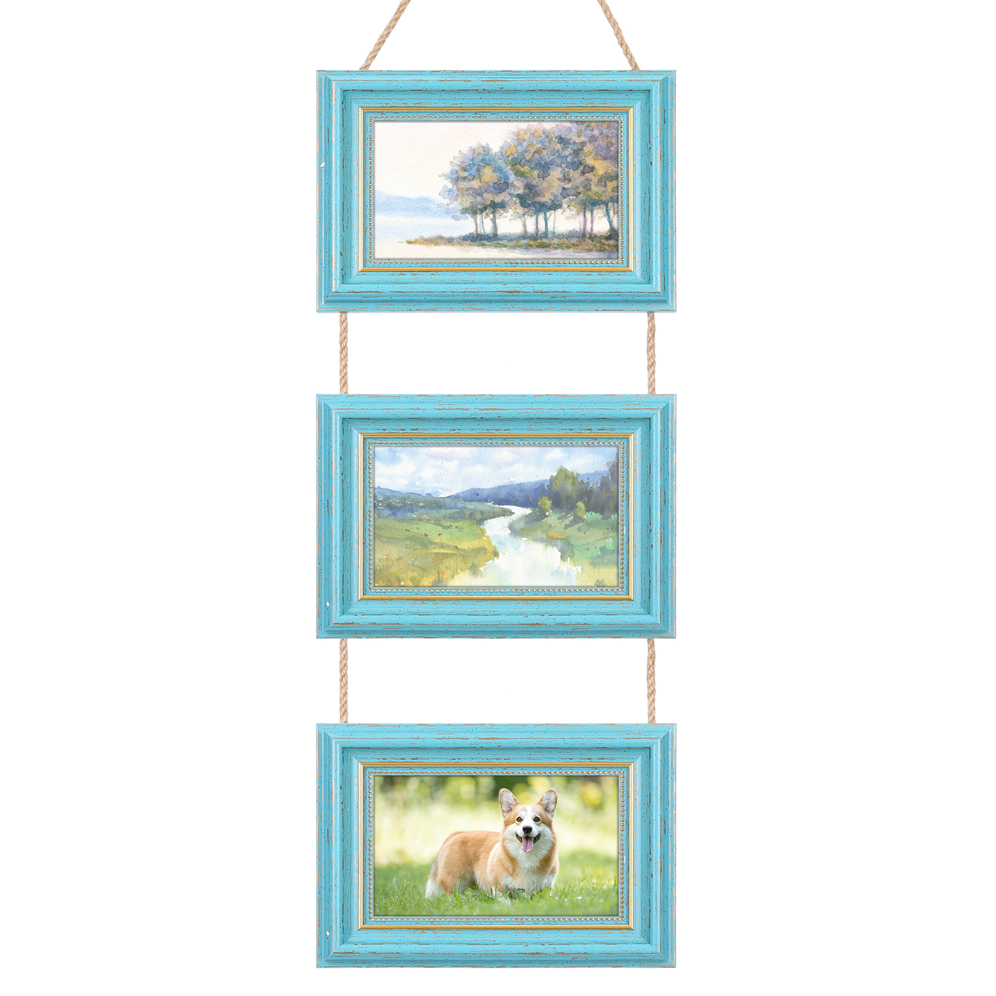 Unique Bargains Hanging Collage Picture Frame Wall Decor w Rope Blue Three Horizontal 4x6"