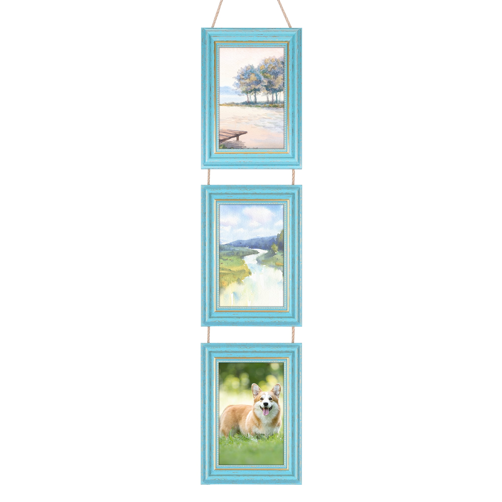 Unique Bargains Hanging Collage Picture Frame Wall Decor w Rope Blue Three Vertical 5x7"