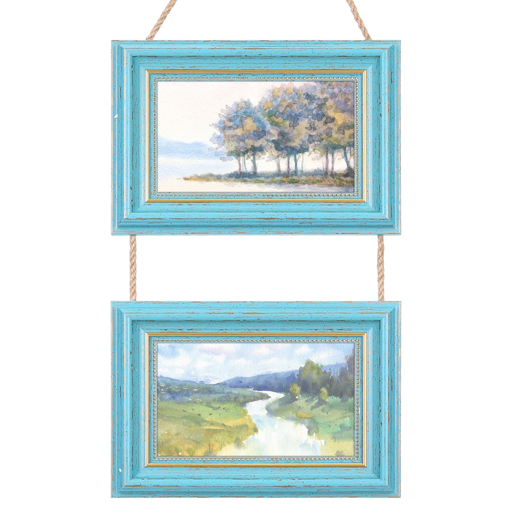 Unique Bargains Hanging Collage Picture Frame Wall Decor w Rope Blue Two Horizontal 4x6"