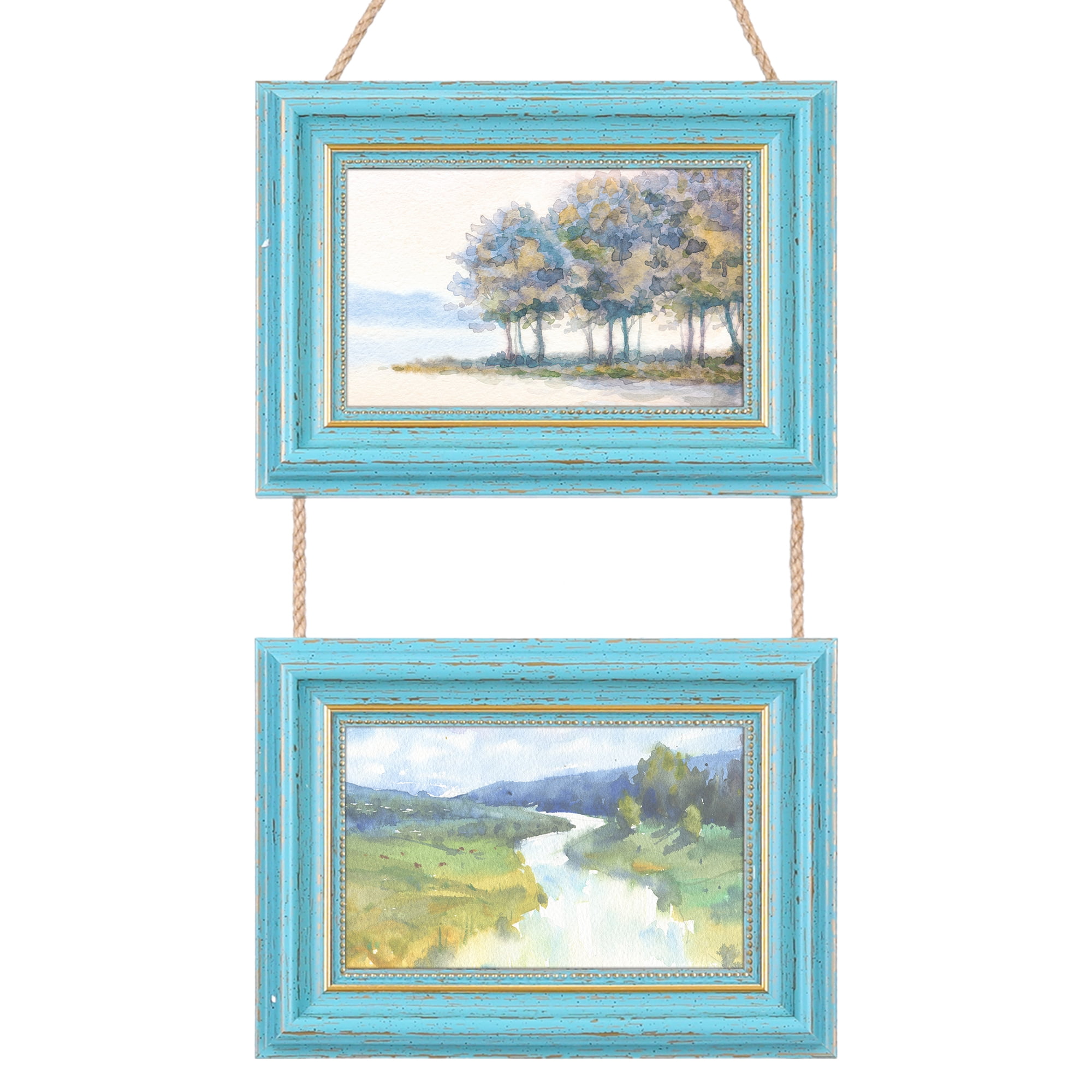 Unique Bargains Hanging Collage Picture Frame Wall Decor w Rope Blue Two Horizontal 5x7"