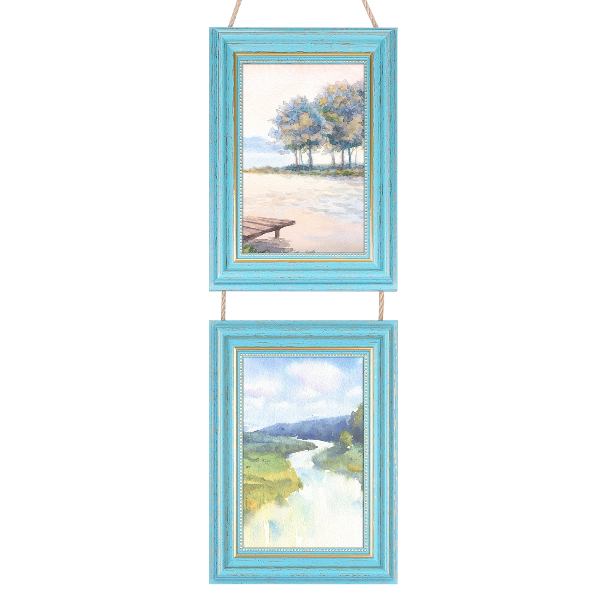 Unique Bargains Hanging Collage Picture Frame Wall Decor w Rope Blue Two Vertical 5x7"