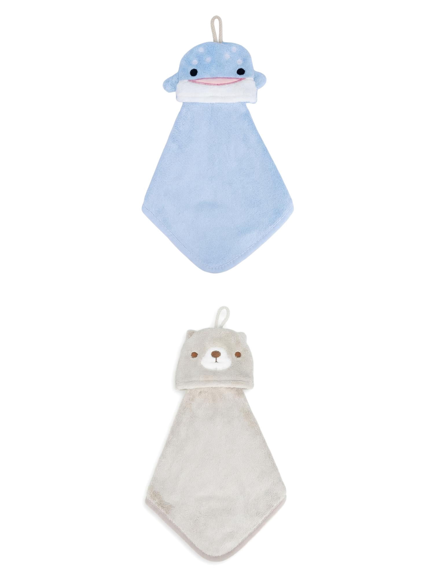 Unique Bargains Hanging Hand Towel Soft Absorbent Towel Blue Shark/Brown Bear 15" x 8"