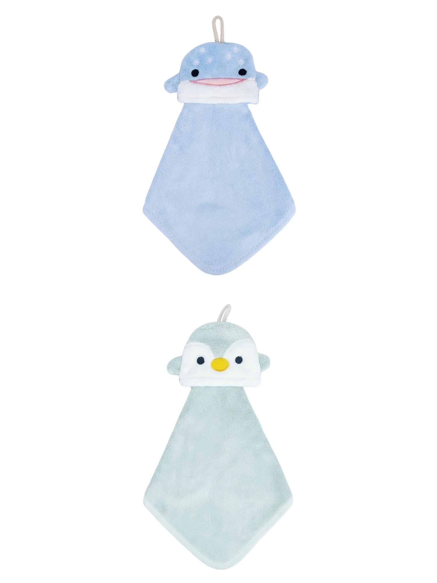 Unique Bargains Hanging Hand Towel Soft Absorbent Towel Blue Shark/Green Penguins 15" x 8"