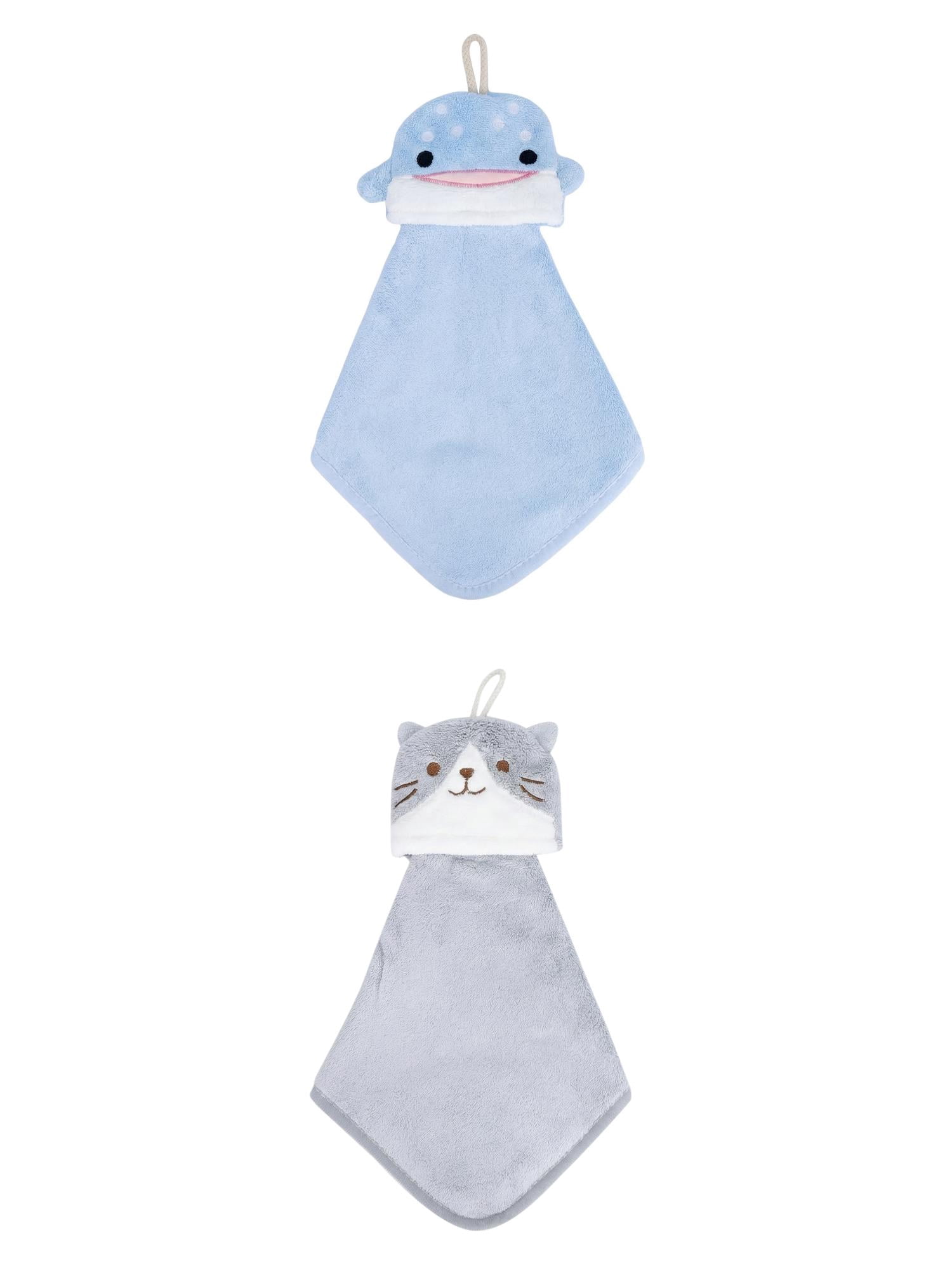 Unique Bargains Hanging Hand Towel Soft Absorbent Towel Blue Shark/Grey Cat 15" x 8"