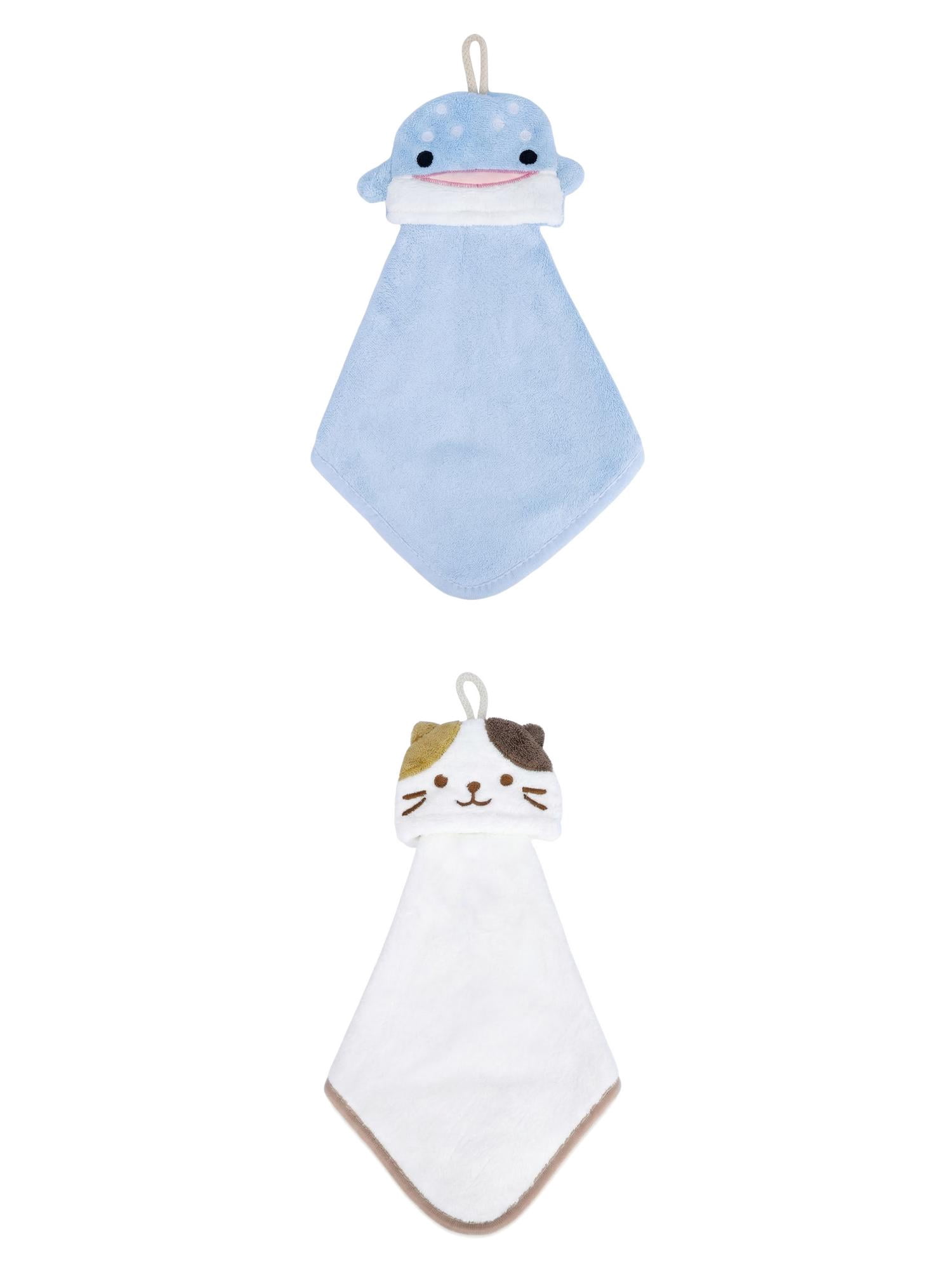 Unique Bargains Hanging Hand Towel Soft Absorbent Towel Blue Shark/White Cat 15" x 8"