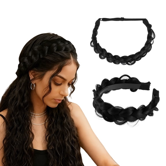 Unique Bargains Headband Synthetic Braided Hairpiece Elastic Hair Band for Various Looks Balck 1 Set