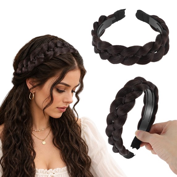 Unique Bargains Headband Synthetic Braided Hairpiece Wide Hair Band Hair Accessory for Various Looks Deep Brown