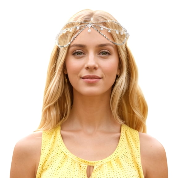 Unique Bargains Headpiece Multi-layered Rhinestone Faux Pearls Head Chain Silver Tone