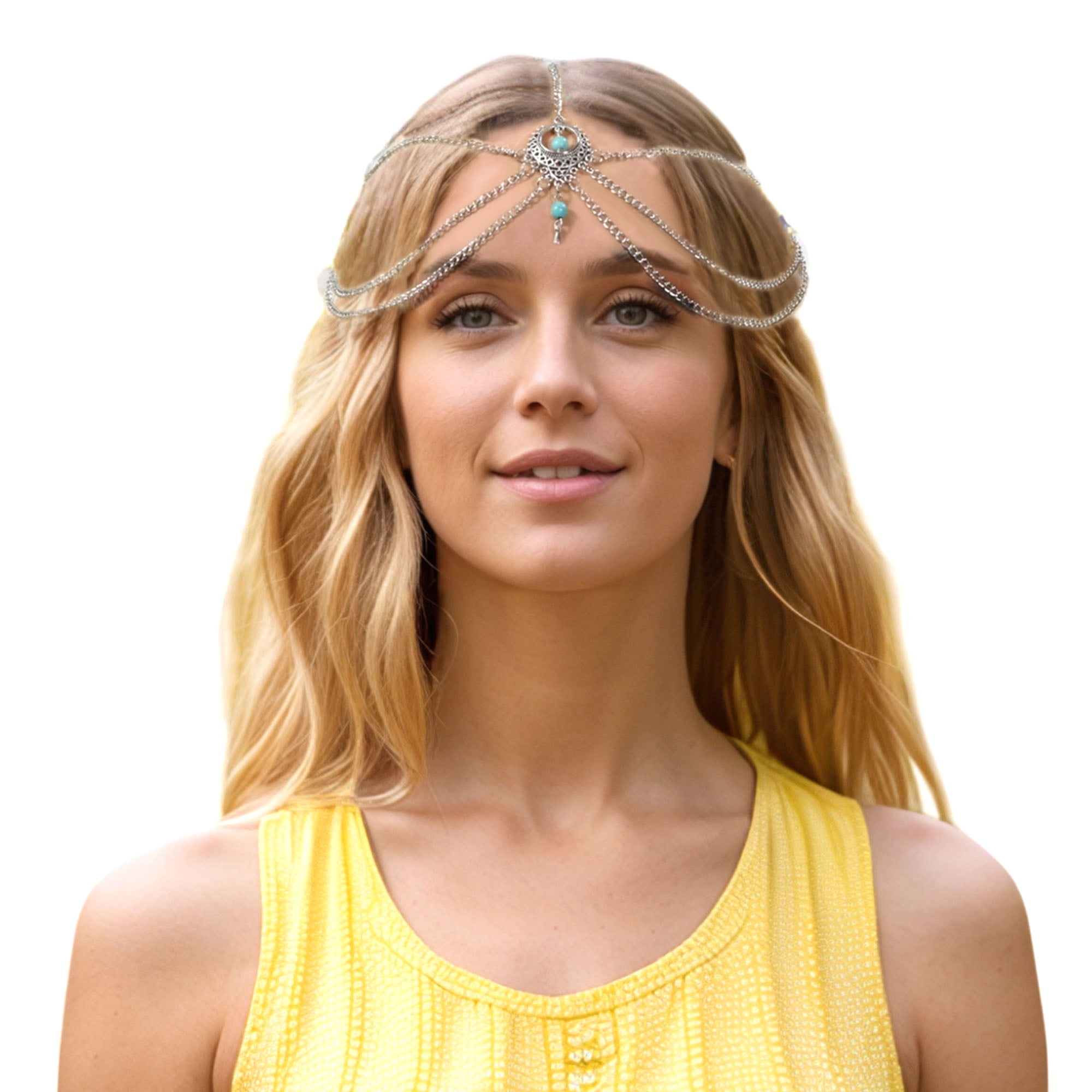Unique Bargains Headpiece Multi-layered Turquoise Head Chain Silver Tone 1 Pc