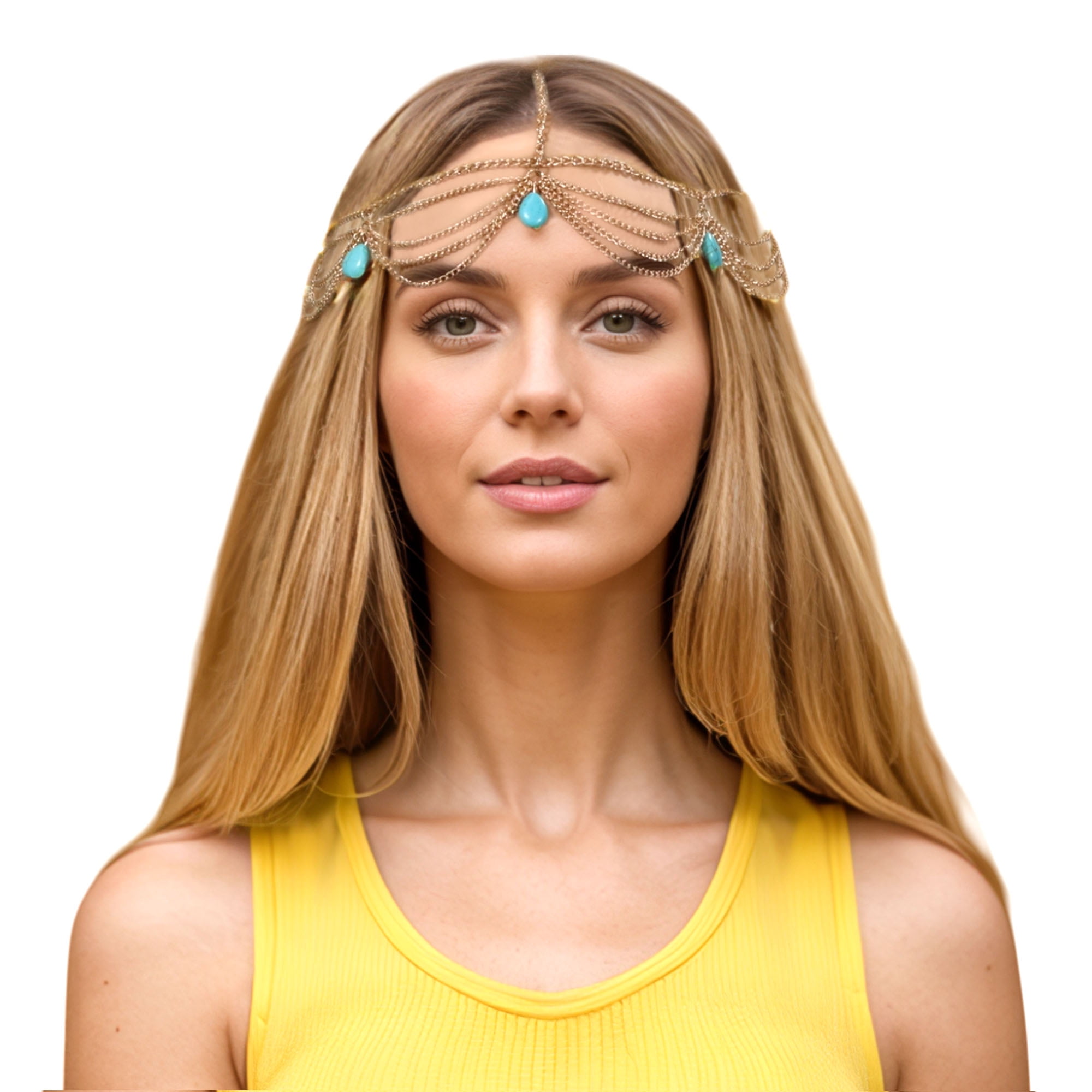 Unique Bargains Headpiece Vintage Faux Gemstone Head Chain Gold Tone 1 Pc