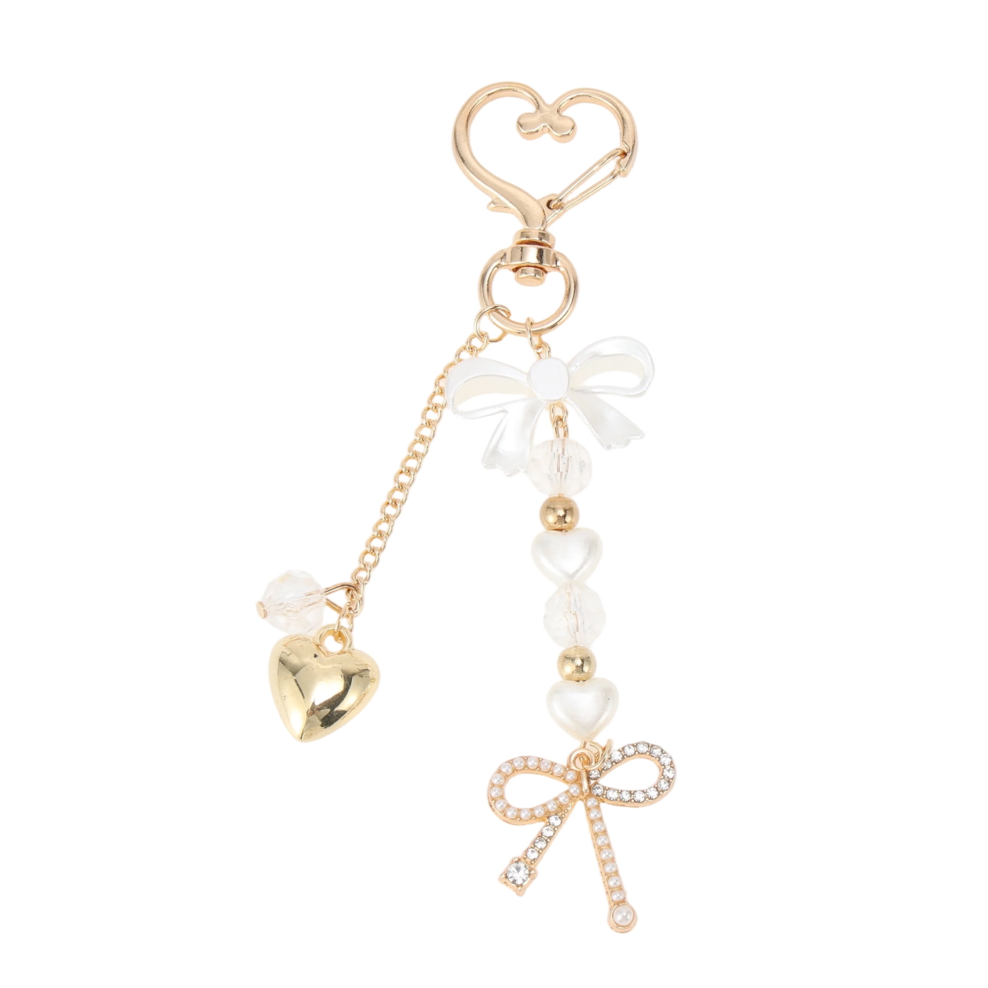 Unique Bargains Heart Bow Handbag Charm Keychain 1 Pc for Bags Gold Tone, Beige