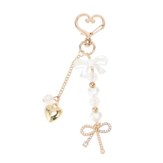 Unique Bargains Heart Bow Handbag Charm Keychain 1 Pc for Bags Gold Tone, Beige