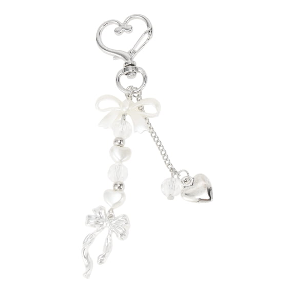 Unique Bargains Heart Bow Handbag Charm Keychain 1 Pc for Bags Silver Tone, Beige