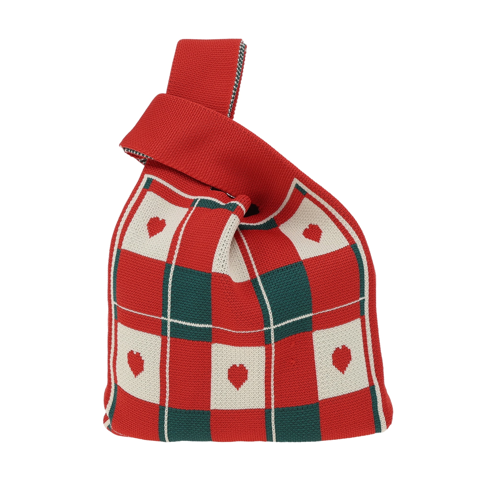 Unique Bargains Heart Knitted Wrist Bag Red Beige Green 1 Pc