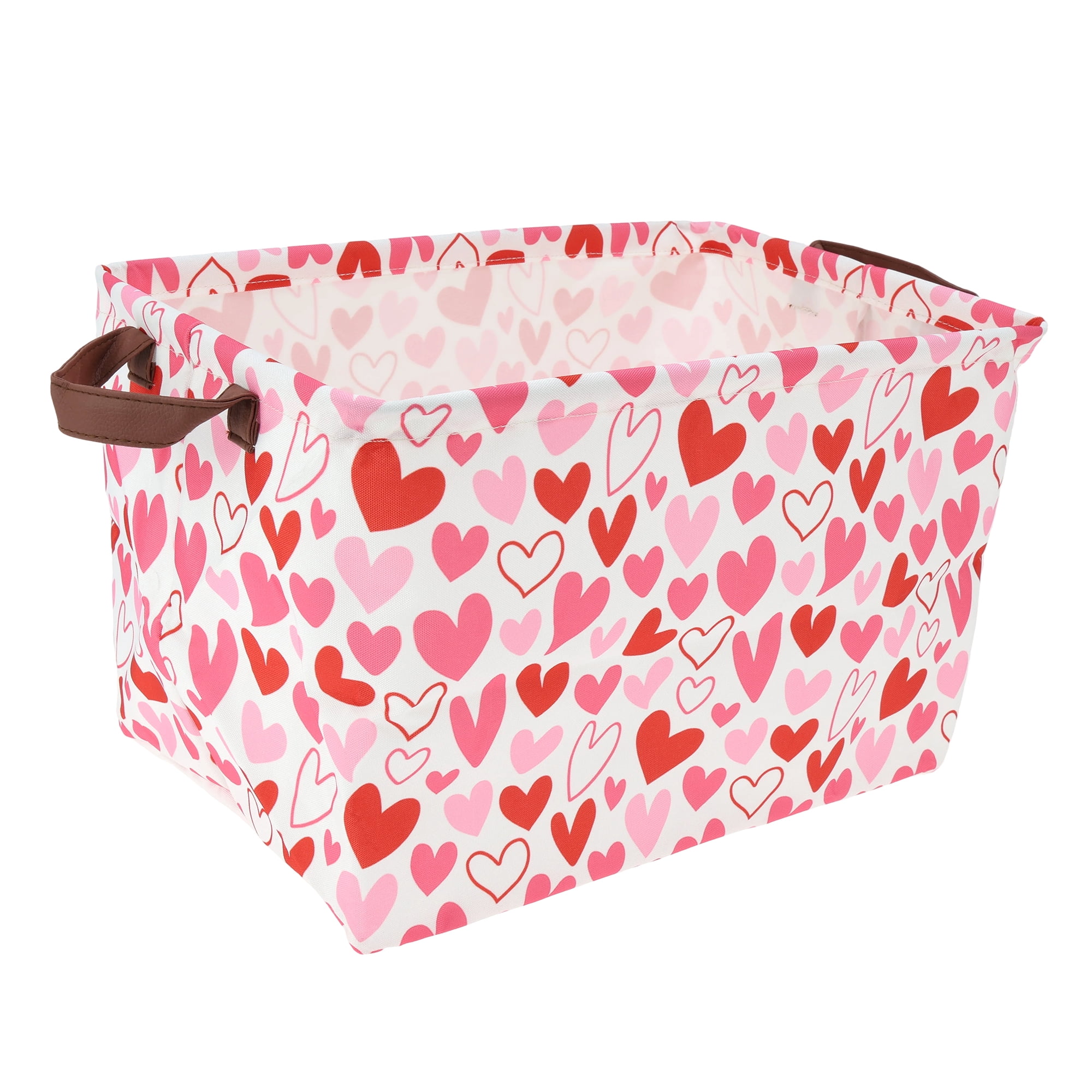Unique Bargains Heart Print Storage Basket with Handles for Home Pink, Red, White