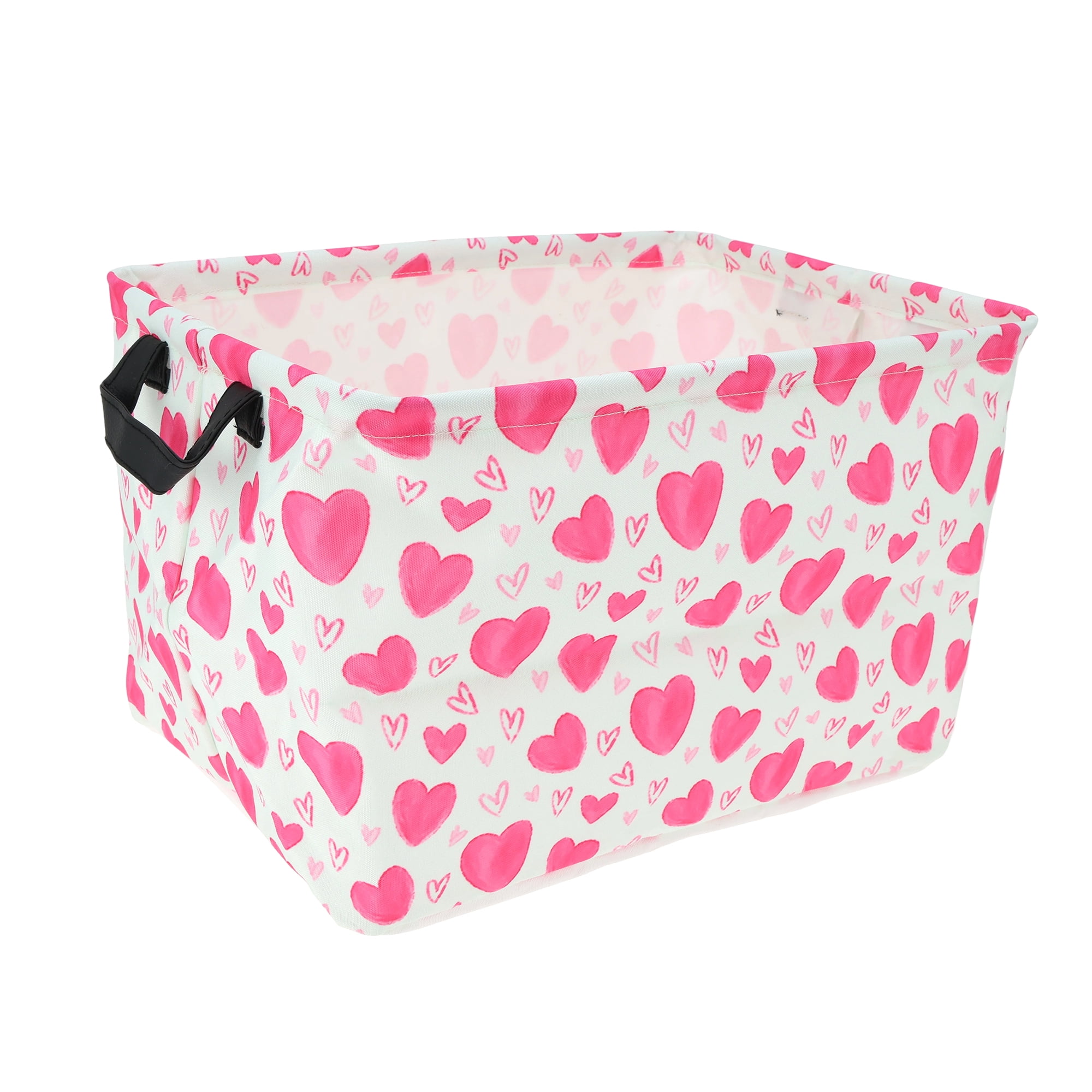 Unique Bargains Heart Print Storage Basket with Handles for Home Rose Pink, White
