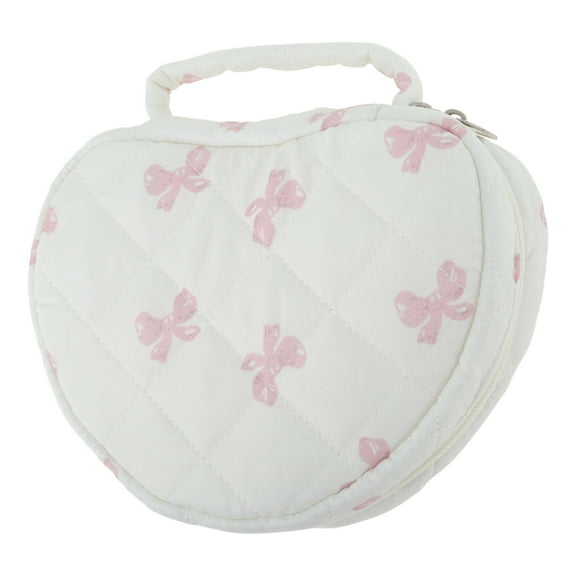 Unique Bargains Heart-shaped Bow Makeup Bag for Travel White Pink Polyester
