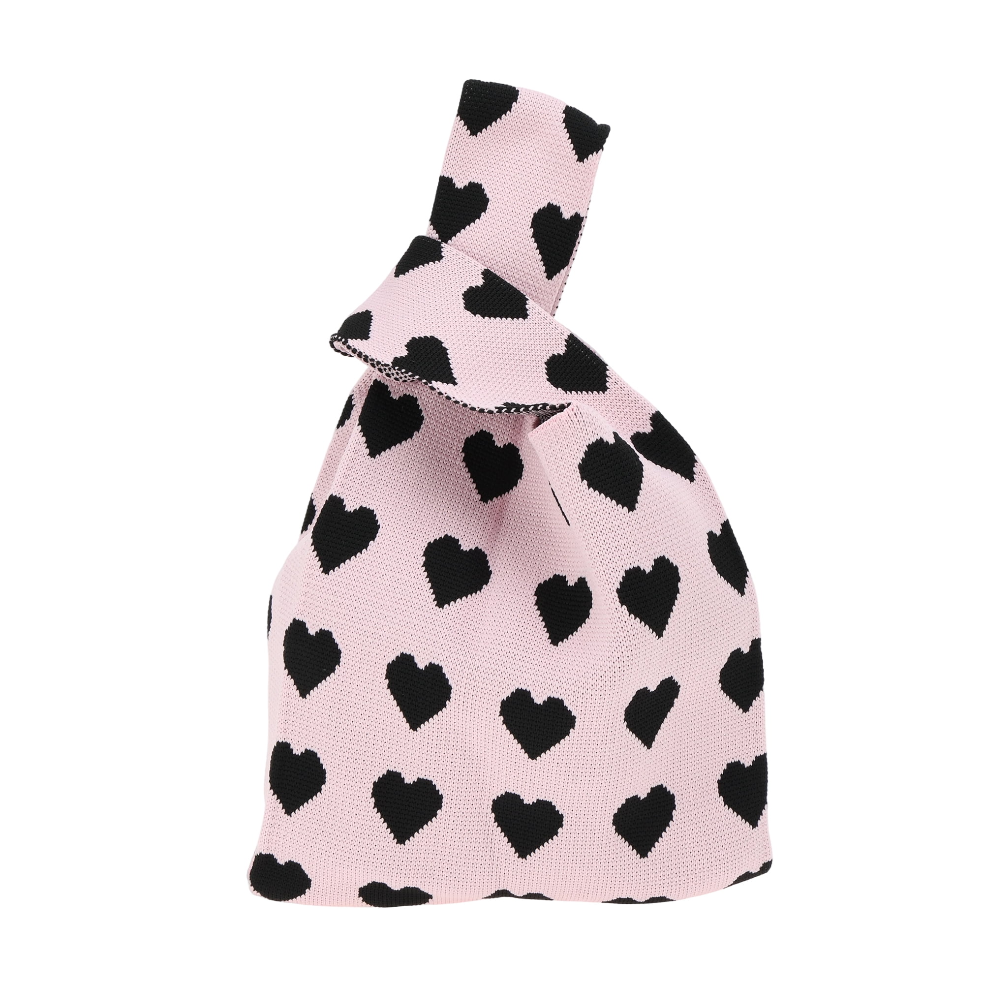 Unique Bargains Hearts Knitted Wrist Bag Black Pink 1 Pc